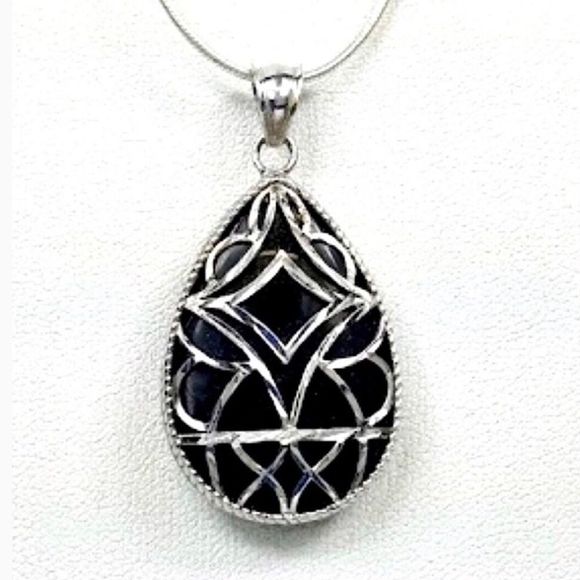 Black Onyx Cabochon Teardrop and Sterling Silver Filigree Overlay Necklace - Picture 2 of 10
